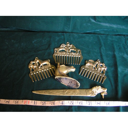 277 - Lovely collection of brass combs, envelope opener and horse head.