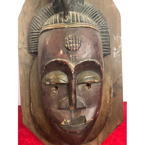 218 - Native mask on wood hanging base, base measures approx. 50cm x 27am