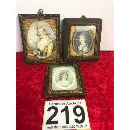 219 - Three antique miniature pictures (prints) in ornate frames