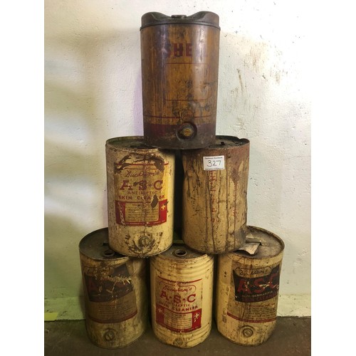 327 - Six large vintage metal cans / cannisters including Shell Oil (minty Club for scale, biscuit not inc... 