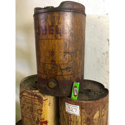 327 - Six large vintage metal cans / cannisters including Shell Oil (minty Club for scale, biscuit not inc... 