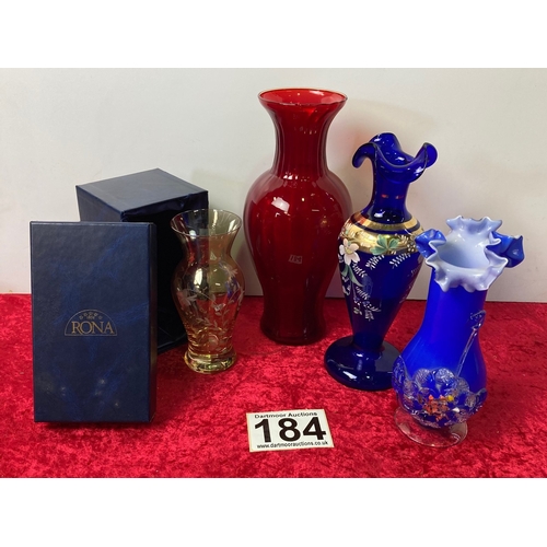 184 - 4 Glass Vases including 1 boxed Rona