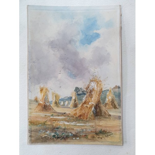 554 - Early 20thC watercolour of a harvest landscape with corn stooks, signed
 May Higginson	  43x29 cm