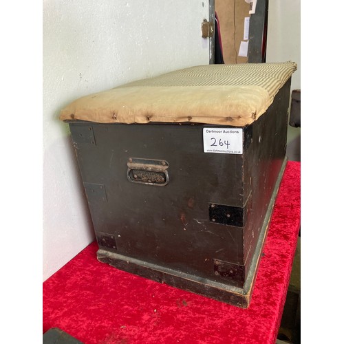 264 - Wooden trunk with metal fixings and fabric 'seat' cushion on lid (tacked on, can be easily removed)