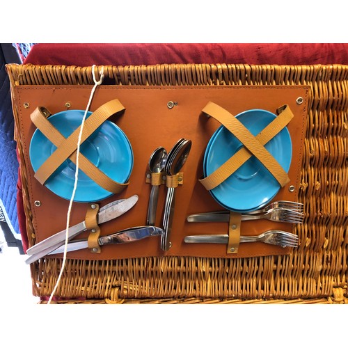 239 - Large wicker picnic basket with metal kettle and teapot + vintage Gaydon Melmex cups, plates and bow... 