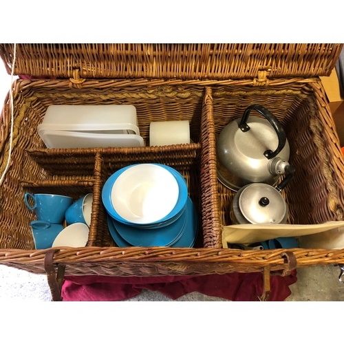 239 - Large wicker picnic basket with metal kettle and teapot + vintage Gaydon Melmex cups, plates and bow... 