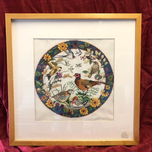 356 - Framed and glazed embroidery picture of garden bird including pheasant, partridge, swallow and goldf... 