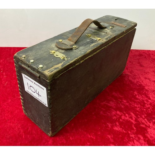 104 - Wooden ammunition box with metal fittings and leather handle