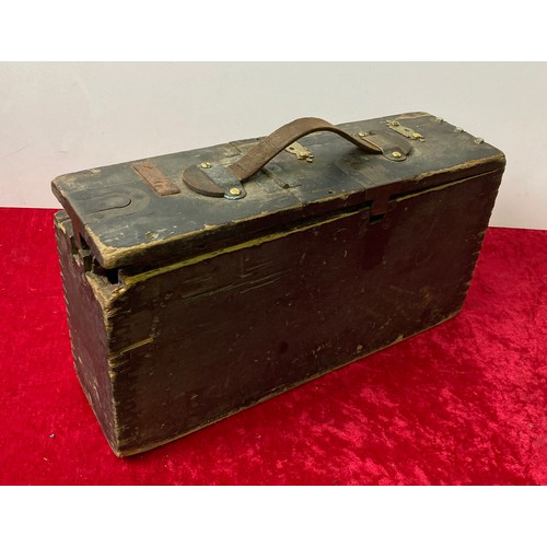 104 - Wooden ammunition box with metal fittings and leather handle