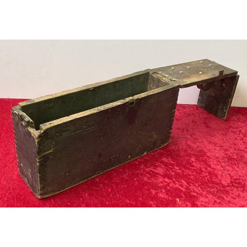 104 - Wooden ammunition box with metal fittings and leather handle