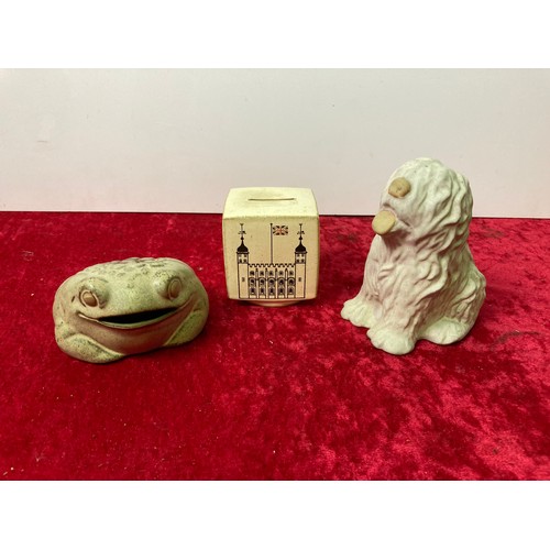 118 - 3 vintage money boxes, old English sheepdog, frog/toad and Tower of London