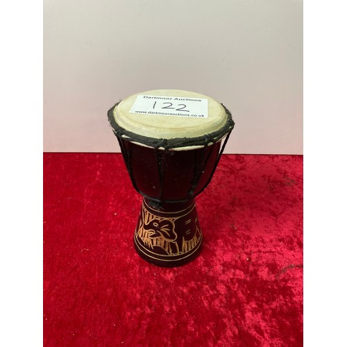 122 - Wooden ethnic drum with elephant design, approx 19.5cm tall