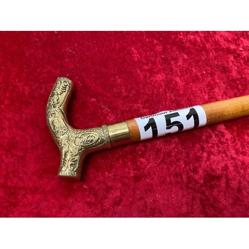 151 - 3 part walking stick with brass handle which screws off to review hidden flask (cork pushed in)