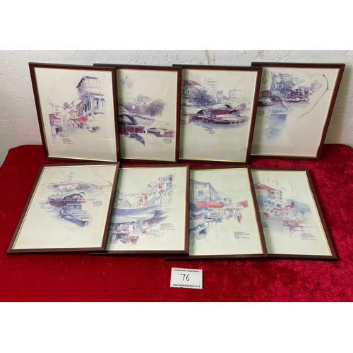 76 - 8 framed and glazed Wan Soon Kam 1980s prints of Singapore river scenes (one with glass a/f)