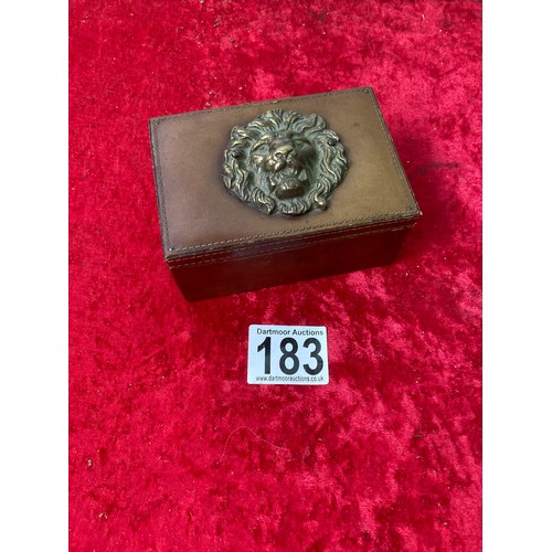 183 - Leather box with brass lion motif, measures approx 15cm x 10cm x 7cm