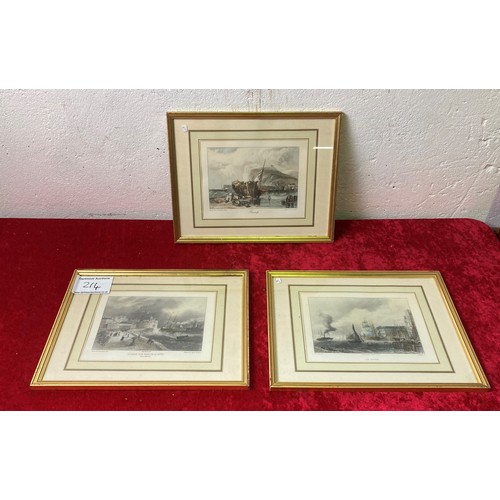 214 - Set of three antique French coloured engravings of coastal marine scenes