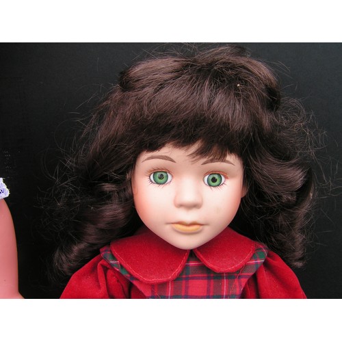 278 - Beautiful eyed blinking Pram doll and Tartan doll with synthetic body limbs/head and soft material b... 