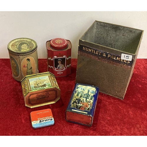 15 - Good collection of vintage tins including Huntley Palmers, Huntley Bourne & Stevens, Elizabeth II