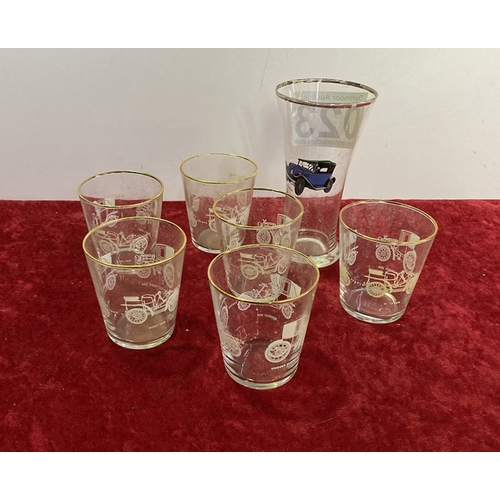23 - Set of six glasses with vintage cars and one other. Including Renault, Krieger, etc.