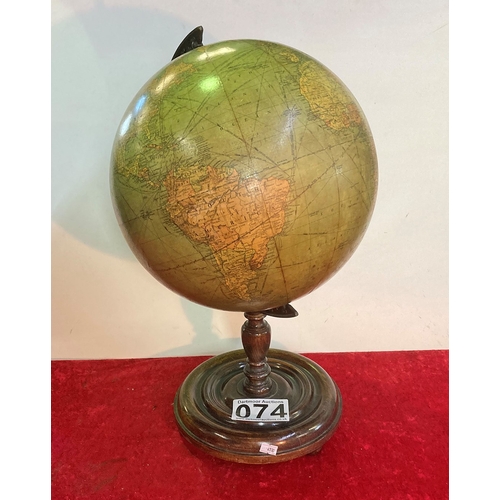 74 - Good quality library globe by Replogle Chicago on turned wooden pedestal stand dated 1934. Approx 50... 