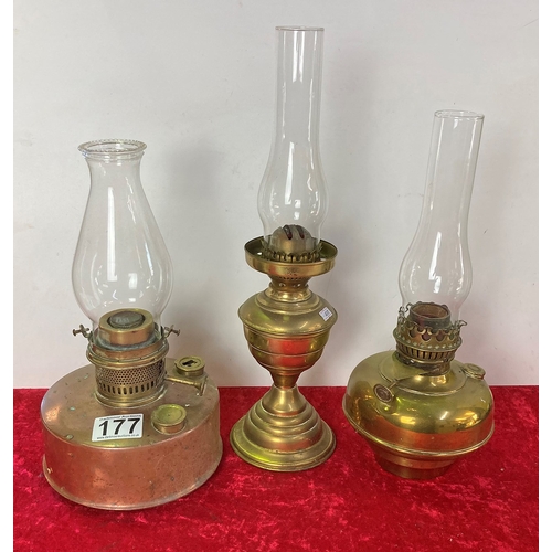 177 - Three Brass Oil Lamps including glass shades