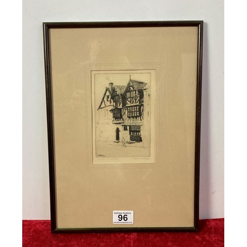 96 - Two framed prints drawings of historic buildings, one pencil signed by EJ Mayberry