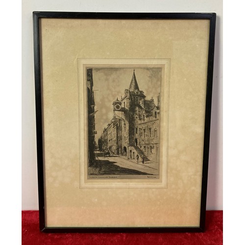 96 - Two framed prints drawings of historic buildings, one pencil signed by EJ Mayberry