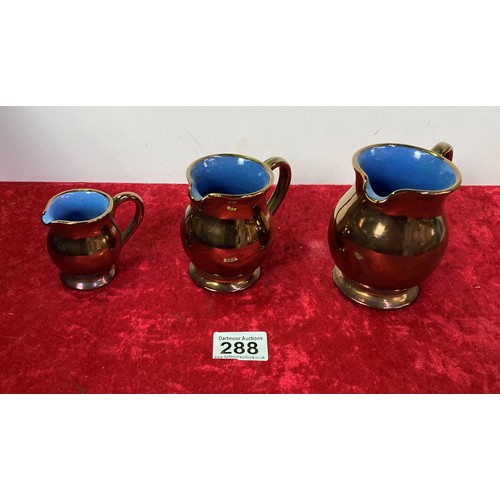 288 - Set of three copper coloured ceramic jugs