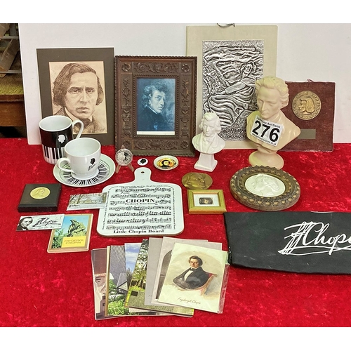 276 - Interesting collection of items relating to Chopin, including busts, medals, a coin, pictures, plaqu... 