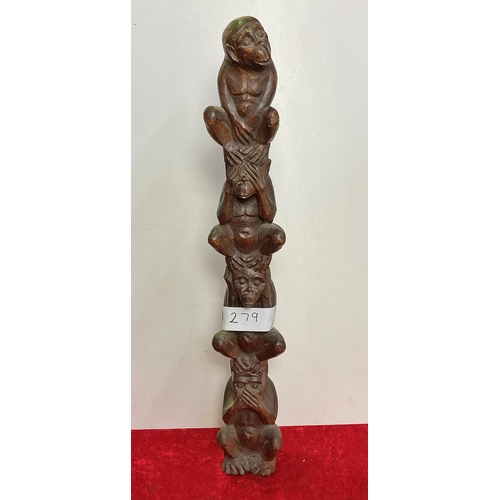 279 - Fabulous tall wooden monkey carving - see no evil, hear no evil, speak no evil (and a friend on top!... 