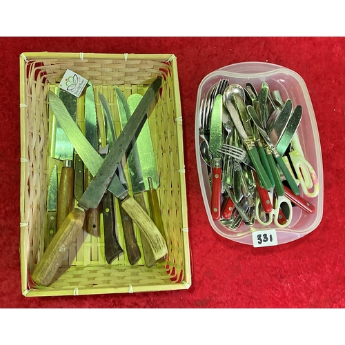 331 - Plastic tub of cutlery and vintage bone and wooden handled knives