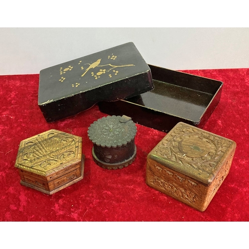 332 - 1 Laquer, 2 wooden carved and one leather boxes