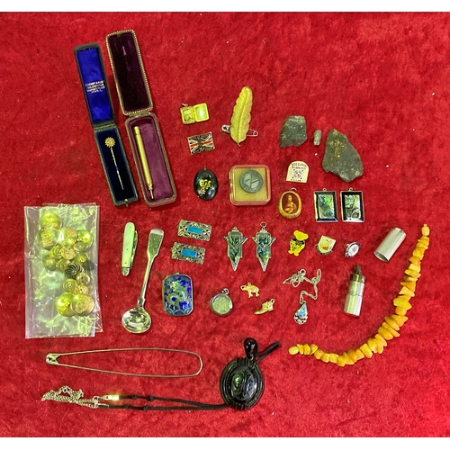 340 - Collectibles inc Silver pendant, cloissonne locket, stick pin& military buttons, etc