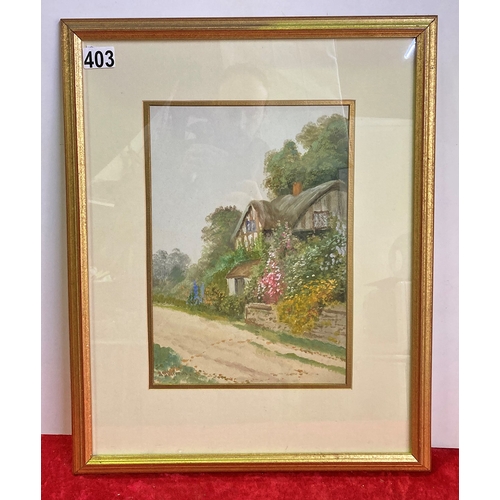 403 - Reginald Daniel Sherrin: a thatched cottage with garden in summertime,
watercolour, signed