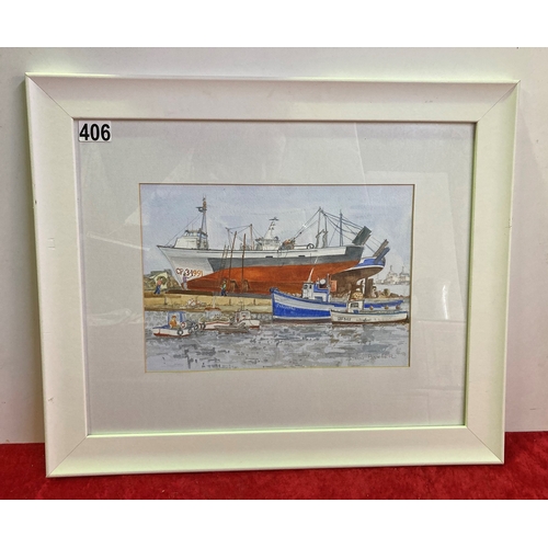 406 - John Baxter: watercolour entitled “Spanish Boat Builders”, signed with label to reverse