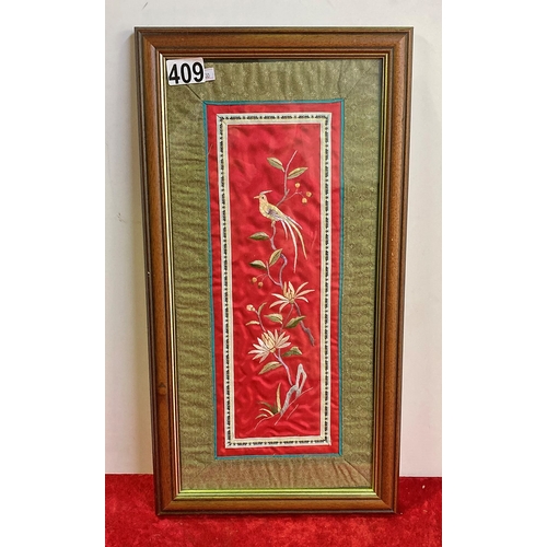 409 - Oriental silk work of birds on flowering branch