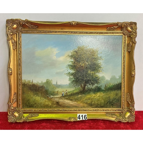 416 - Oil painting of a classic English landscape with figures on a lane with village
beyond. Signed indis... 