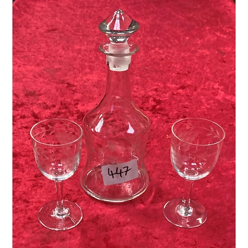 447 - Small glass decanter and 2 matching glasses