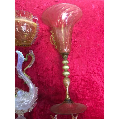 631 - Collection of gold flecked vintage glass fish and a vase likely to be Murano Venetian in the style o... 