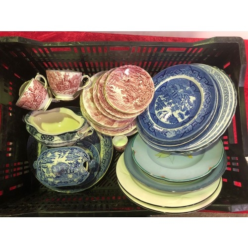 635 - Quantity of china inlcuding blue willow pattern and red/pink HM Sutherland Rural Scenes