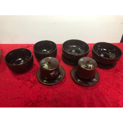 638 - Chinese Lacquer bowls and lidded pots with inlaid detail