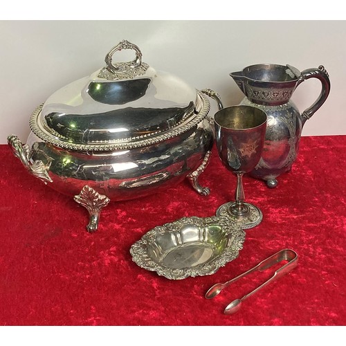 22 - Silver plated items inc a very impressive large lidded tureen, jug, an Elkingoton trophy goblet date... 