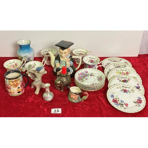 23 - Collectible vintage china incl. 5 Royal Albert trios, Shorter toby jug, Rex bird ornament & more
