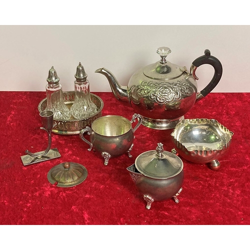 36 - Silver plate teapot, wine coaster, casters and dishes