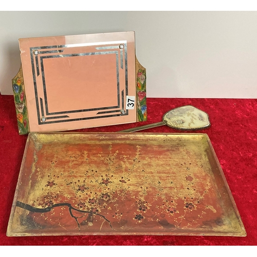 37 - Oriental lacquer tray, a vintage painted wooden hanging or standing picture frame and a hand mirror