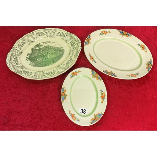 38 - Royal Ventonware charger with hunting theme along with 2 matching Woods Ivoryware chargers / serving... 