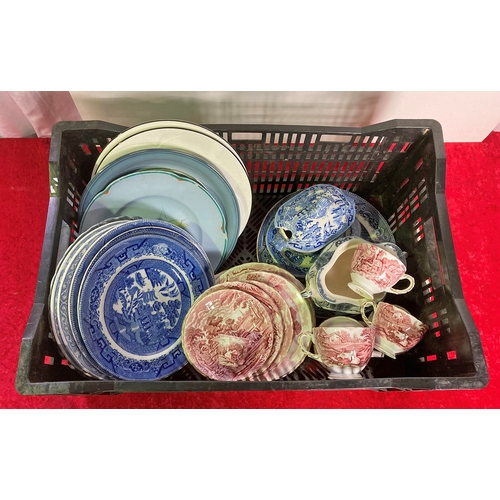 41 - Quantity of china including blue willow pattern and red/pink HM Sutherland Rural Scenes