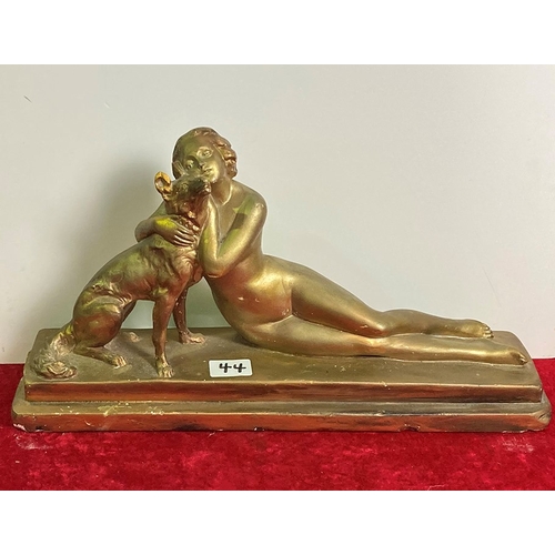 44 - Impressive French gold plaster mantel model of a girl with a dog (possibly a German Shepherd or a Co... 