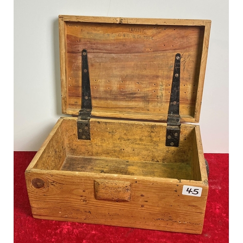 45 - Wooden storage box with iron hinges and handles