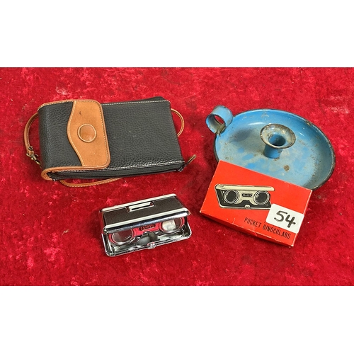 54 - Leather travel pouch, opera binoculars and a tin candle holder